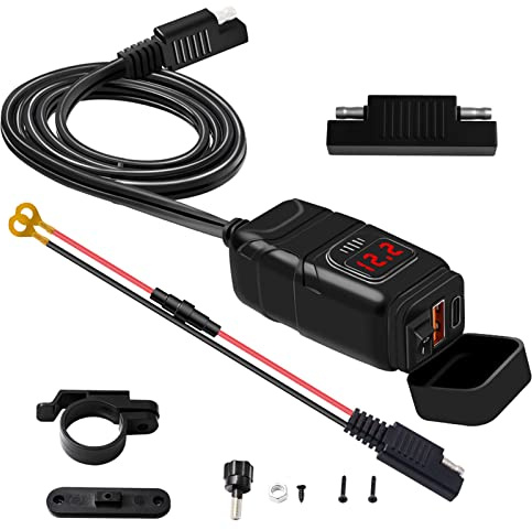 Shkalacar Motorrad USB Steckdose, USB+Typ-C Ladegerät, Adapter USB auf Zigarettenanzünder 12V-24V, Ladegerät QC3.0 mit Voltmeter EIN/Aus-Schalter für Telefon-Tablet 7/8-Zoll-Lenker