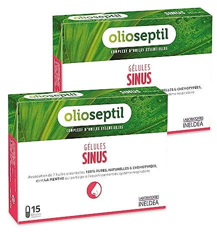 OLIOSEPTIL Sinus huiles essentielles assainit les voies respiratoires x2 | Romarin, niaouli, menthe, citron, girofle et ravintsara, gélules végétales, dès 15 ans