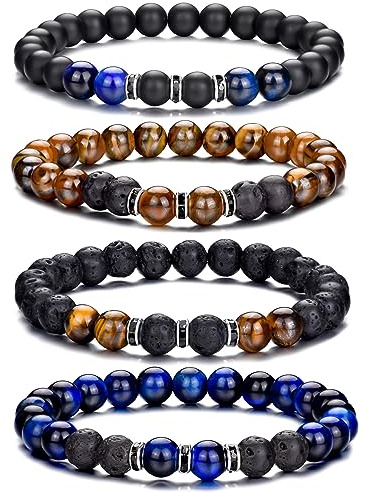 RANKEEF Perlenarmband Herren, 8 mm Perlenarmbänder Set, Stretch-Armbänder Herren, Verstellbares Schwarzes Kristall-Perlenarmband Perlen Armband Herren