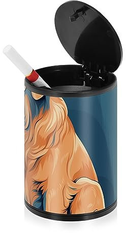 Golden Retriever Dunkelblauer Aschenbecher für Zigaretten für Terrasse mit Deckel, Edelstahl, tragbares Autozubehör, Becher-Aschenbecher mit Deckel für Fahrzeug, LKW, Fahrzeug