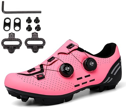 PENXZT Fahrradschuhe Herren MTB Rennradschuhe Mountainbike Schuhe Radschuhe 2 Loch Cleat System mit Schnalle,Rosa,38 EU