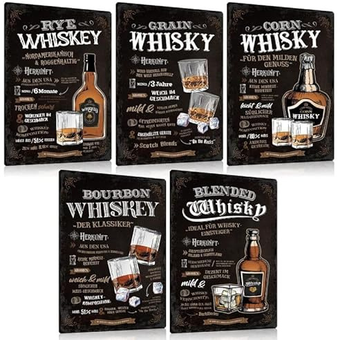 5er Set Retro Whiskey Rezepte Blechschild 20x30cm - Whisky Bar Schild Zubehör Dekoration - Metallschild Geschenk für Männer Whiskey Liebhaber Pub Club Partyraum Kellerbar Theke