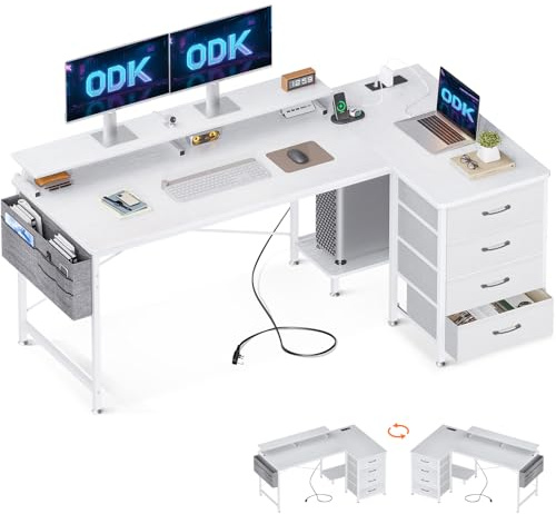 ODK Corner Desk with Drawers, L Shaped Computer Desk 160x80cm with USB Charging Port & Power Outlet, Home Office with Monitor Stand and PC Stand, Gaming Desks Workstations, White