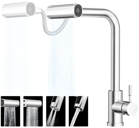 Hanstore Waterfall Kitchen Faucet With Pull Down Sprayer, 4-Mode Brushed Nickel, 304 Stainless Steel Single Hole Sink Faucet, Single Handle & 360° Swivel
