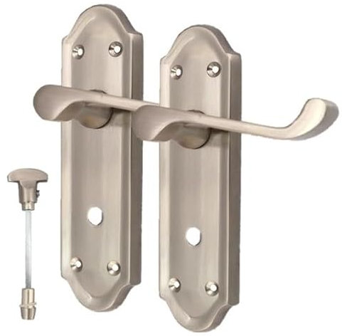 Haven Heritage Door Handle Set - Ashford Scroll Door Handle Bathroom Lock, Lockable Door Handles Internal Sets - Satin Door Handles, Interior Door Handles with Locks, Easy Install - Satin
