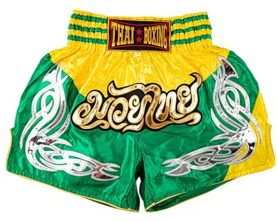 MUAY NATION Muay Thai shorts för män kvinnor smal skärning MMA boxning shorts träning kickboxning kläder kampsport koffertar, Prm grön/gul, XXL