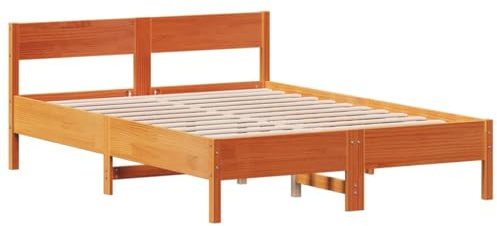 vidaXL Cadre de Lit avec Tête de Lit, Lit Double avec Sommier à Lattes, Lit Adulte, Meuble de Chambre, Moderne, Cire Marron 140x190cm Bois de Pin