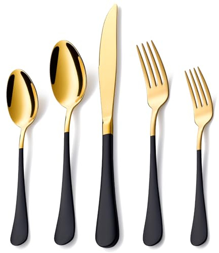 Lekoton 20 Piece Gold and Black 18/0 Flatware Utensil Set for 4, Include Dinner Knife,Dinner Forks,Dinner Spoons,Salad Forks,Teaspoons,Silverware Set for 4, Dishwasher Safe