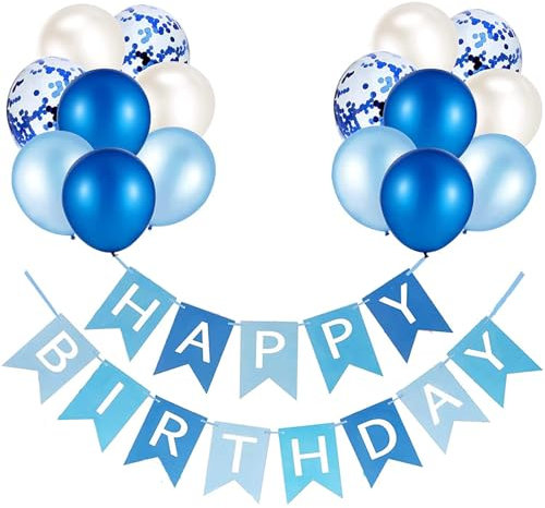 Happy Birthday Banner and Decoration - Blue Balloons, Ribbons and Banners for Party Supplies