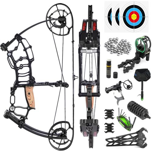 SHARROW Archery Compound Bow and Arrows Set for Adults, Dual-Use Short Axis Steel Ball Compound Bow, 40-70 Lbs Draw Weight, IBO 340 fps, Fishing Hunting Bow Kit (Black-Type 2)