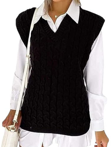 Sleeveless Jumpers for Women Plain Ladies Chunky Knit Vest Womens Knitted Winter V Neck Tank Top Cable Sweaters Pull Over Soft Casual Outwear Sleeveless Jumper Plus Size UK (Black, 12-14)