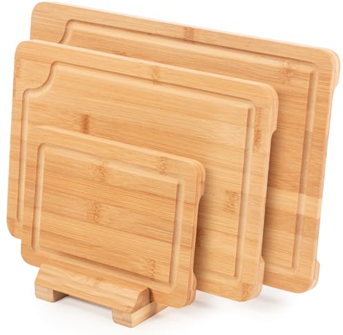 Woodluv Set of 3 Wooden Chopping Board Cutting Board with Stand - Strong, Durable & Hard Wearing Antibacterial Serving Chopping Board with Juice Grooves & Stand
