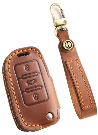 TECART Autoschlüssel Hülle mit Schlüsselanhänger 3 Tasten Passt für VW Golf Polo Touran Passat Tiguan Touareg Lavida Caddy Skoda Seat MK6 Schlüsselhülle Autoschlüssel Cover Schutzhülle Braun