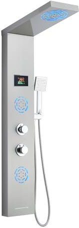 KEOKBON Pannello doccia 5 in 1 con rubinetto, senza batteria, set per doccia a LED e indicatore di ℃, 2 modalità, soffione doccia a pioggia, doccia a LED, massaggiante in acciaio inox spazzolato