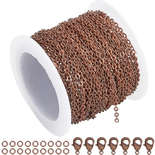 SOFPLATE Kit de Cadena de Cobre Rojo de 32.8 pie/10 m Cadenas de Latón Conectores de Extensión de 2.6x2mm Cadenas de Cable de Enlace con Carrete Cierres de Pinza de Langosta Anillos de Salto para Hac