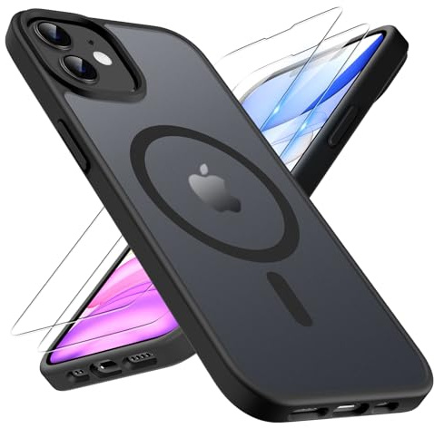 TQIAHF Magnetic Phone Case Cover for iPhone 11,Black | with 2 Tempered Glass Screen Protector Compatible with MagSafe Military Grade Shockproof Protective Slim Translucent Matte