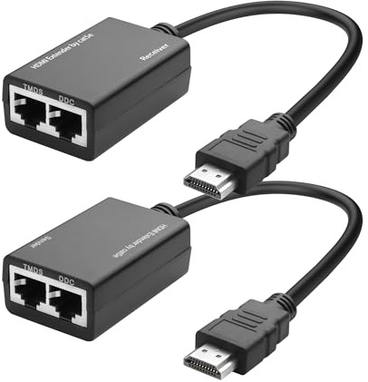YACSEJAO Rallonge HDMI vers câble balun réseau Cat5e/6 100FT/30 m - Émetteur de signal - Amplificateur de signal - Prise en charge jusqu'à 1080p