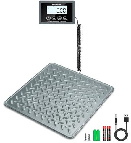 UNIWEIGH Paketvåg 200 kg 440 pund, digital postvåg, stark stålplattform, transportvåg med LCD/håll/tara/auto-off funktion, våg för bagage/lager, batteri och USB-drift, grå