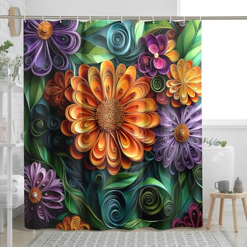 Paper Quilling Zinnia Shower Curtain Set, 3D Cool Floral Shower Curtain, Spring Flower Bathroom Accessories, Printed Pattern Decorative -62 * 72