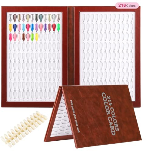 BNG Nail Colour Display Book 216 Colors Nails Art Card Chart with 240 Pcs Almonds False Nails Tips, Leather Stamped Silver Drops Color Book For Salon Gel Polish, Brown