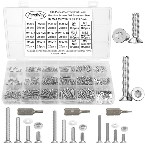 FandWay 900-teiliges Schrauben- und Muttern-Set, M2, M2,5, M3, Torx-Senkkopf-Maschinenschrauben, Flachkopf-Torx-Schrauben, 304 Edelstahlschrauben und Unterlegscheiben, Vollgewinde mit T6, T8, T10