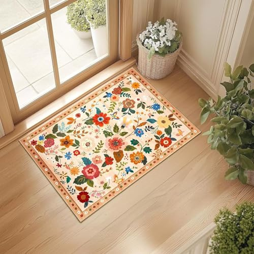 Teppich Boho Blumen 60x90cm Light Orange Kleiner Vintage Stil Fußmatte Innen Weiche Rutschfest Kurzflor Eingangsteppich Waschbar Küchenteppich für Küche Haustür Inneneingang Eingang Kinderzimmer