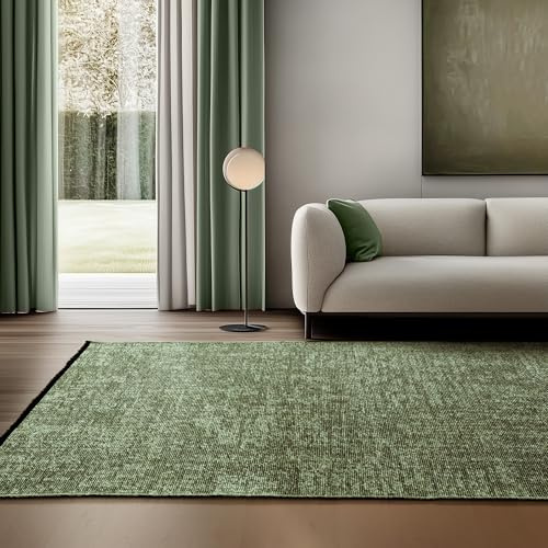 SIMPEX Baumwolle Teppich Grün 120x170 cm - Waschbar, Boho-Stil, Vintage Kelim, Kurzflor, rutschfest & Weich, Einfarbig Meliert, Für Wohnzimmer, Schlafzimmer, Büro & Küche