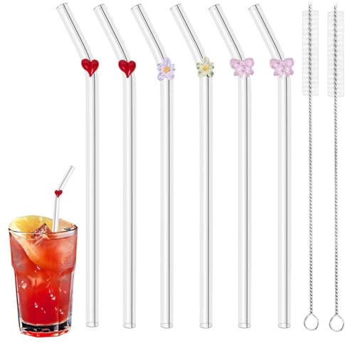 6 Stück wiederverwendbare Glasstrohhalme, gebogene Glasstrohhalme mit 2 Stück Reinigungsbürste, klare Glasstrohhalme mit Schleifen, Blumen, Herz für Smoothie Milch Kaffee Cocktail Wasser Saft Cocktail
