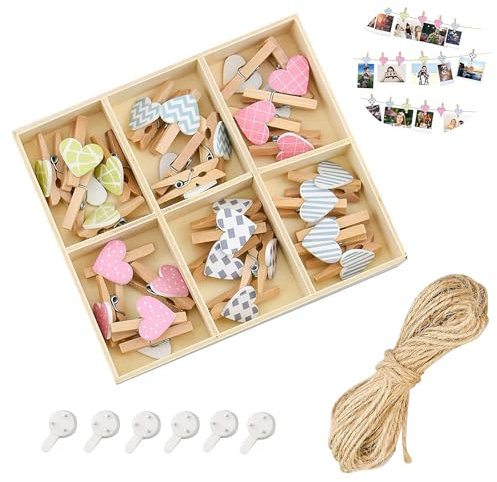 30 Stück Herz Holzklammern Klein mit 10m Fotoseil und 6 Spurlosen Nägeln zum Aufhängen Fotoleine, Bunte Wäscheklammern Holz für kreative und schöne Foto DIY Dekoration Kinderzimmer Wanddekoration