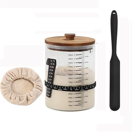 KANLVU Set di Barattoli 1500ml 50 Oz Barattolo per Lievito Grande capacità Contenitori in Vetro con Coperchio in Legno E Raschietto in Silicone Barattoli per Lievito(Set 3)