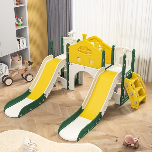 Toboggan Multifonction 7 en 1 pour Enfants avec Toboggan, Cadre d'escalade, télescopes,Aire de Jeux intérieure et extérieure, Aire de Jeux Toboggan Interieur Enfant (Glissière Double)