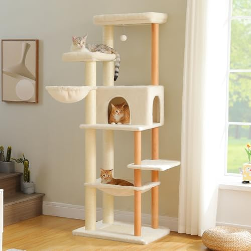 PAWZ Road Großer Katzenbaum, 186 cm hoher Katzenturm aus Holz mit 2 geräumigen Hängematten, 2 großen Oberbetten, 8 vollständig Kratzstämmen und Naturholzpfosten, moderner Kletterturm für Indoor-Katzen