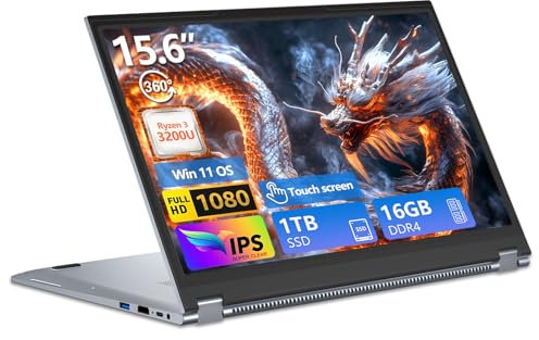 Ordinateur Portable 2 en 1, 15,6 Pouces Win 11 PC Portable Ryzen 3 3200U CPU, PC Portable 16Go DDR4 1To SSD, Radeon Graphics GPU, Laptop 360°Flip IPS Tactile Écran, RJ45+TypeC+Mini-HDMI+USB+Webcam