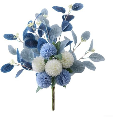 Bouquet di ortensie in seta dal design artistico con foglie di eucalipto complementari per la decorazione (bianco blu)