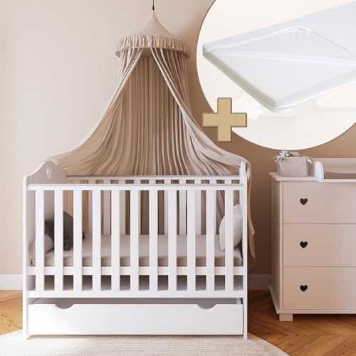 ZEE - Babybett Kinderbett, 2w1 Bett Bella - mit Schublade auf kugelgelagerten Schienen, Schutzgitter und Verstellbarer Rahmen - Wächst mit dem Kind - 120x60cm - Weiß, mit Schaumstoffmatratze