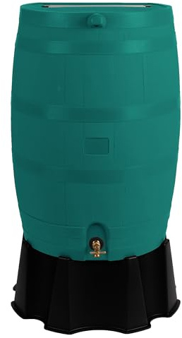 RTS Home Accents 50-Gallon Rain Barrel, Flat Back Rain Water Collection Barrel, Stand Included, Green