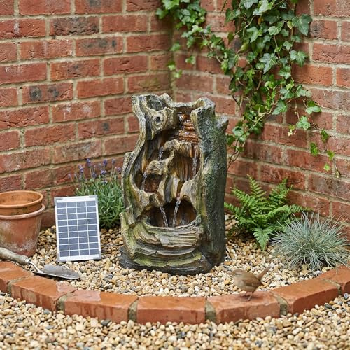Bumilgar 62CM Tree Stump Solar Water Features with Pump and LED Light – Outdoor Wood-Style Waterfall for Patio, Deck, Porch, Backyard Décor, Brown & Green
