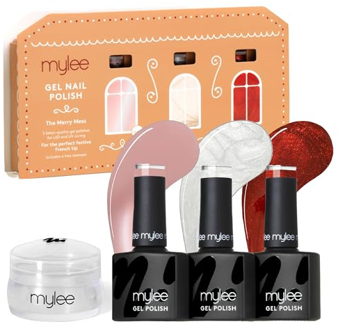 Mylee Set de Vernis à Ongles Gel Semipermanent 3x8ml [The Merry Mess] | Pearl French Trio Tampon, UV/LED Manucure, Durable, Usage Domestique [Noël 2025] – Bake Me Happy Collection