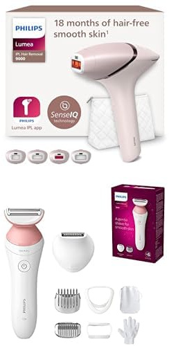 Set aus Philips Lumea IPL 9000 Series Haarentfernungsgerät mit SenseIQ Technologie (BRI957/00) + PHILIPS Lady Shaver Series 6000, Kabelloser Rasierer mit 6 Zubehörteilen(Modell BRL146/00) Weiß/Rosa