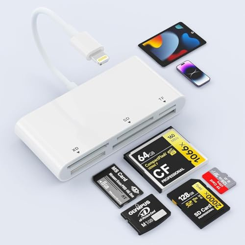 SD Card Reader for iPhone, 5-in-1 Multi iPhone Memory Card Reader for XD, CF, SD, TF, MS Cards, SD Memory Card Reader Adapter for iPhone 14/14 Pro/14 Pro Max/13/12/iPad, Plug and Play