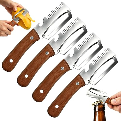 DONGTATA 4 Pack 3 in 1 Vegetable Peeler Wooden Handle Stainless Steel Fruit Potato Peeler Kitchen Peeler with Julienne Cutter Bottle Opener for Potato Carrot Apple Pumpkin Cucumber