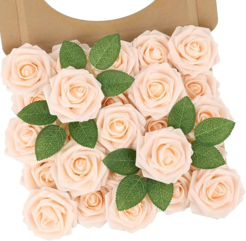 N&T NIETING Artificial Flowers Roses, 25pcs Real Touch Foam Roses，Blush | Real Touch Fake Flowers, DIY for Wedding Bridal Bouquets, Mother's Day, Baby Shower, Home Decoration