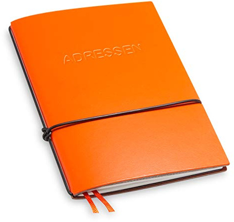 A6 und 7 mm dünn! Revolutionäres, kleines X17- Adressbuch ! Recyceltes Leder, orange; Innen: 1 Adressheft und einem Lesezeichenband, austauschbar=nachhaltig! Made in Germany, 17 Jahre Garantie*