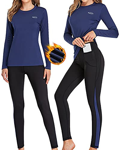 Thermounterwäsche Damen Winter Skiunterwäsche Set Ski Thermo Unterwäsche Funktionsunterwäsche Motorrad Warme Thermowäsche Atmungsaktiv Funktionswäsche für zu Hause Wintersport Dunkelblau L