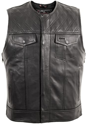 MDM Gilet en cuir homme biker en cuir véritable, gilet moto sans manches noir à épaules matelassées diamant, extensible sur les côtés (FR/ES, Alpha/lettres, TTG, Taille normale, Taille normale)