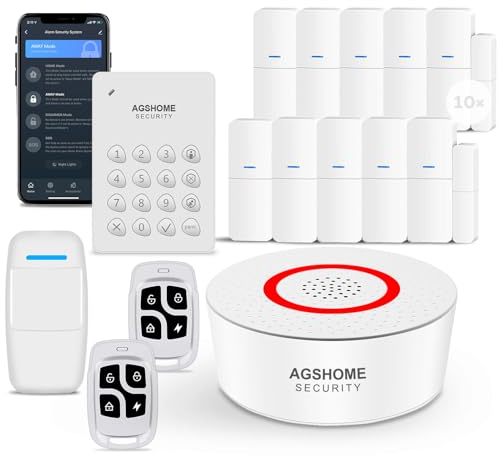 AGSHOME - Sistema di allarme senza fili, 15 pezzi, Wifi, sistema di sicurezza antifurto senza fili da 120 dB, kit di sicurezza per la casa espandibile, compatibile con Alexa e Google Assistant