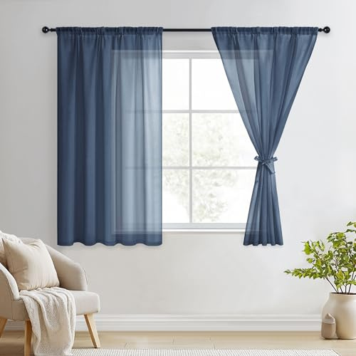 DWCN Blue Sheer Curtains with Tiebacks Semi Transparent Voile Pencil Pleat Curtains for Bedroom and Living Room 2 Panels, Blue, W55 x L69 Inch