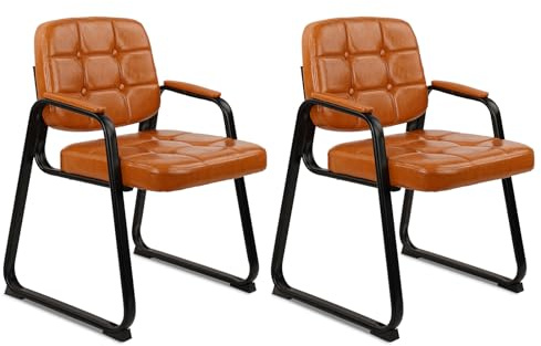 CLATINA Guest Waiting Reception Chair with Bonded Leather Thick Cushion and Padded Arm Rest, Sled Base Stationary Desk Chairs for Office Conference Meeting Lobby Hall Side Break Room, Orange, 2 Pack