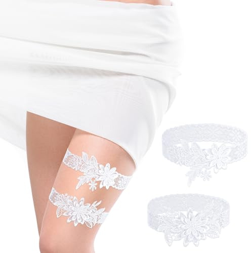 Liga de Boda para Novias Liga Nupcial de Encaje, Elástica Novia Jarretera Cinturón para Mujeres Novias Accesorios, Regalo Dama de Honor 2 Piezas Blanco