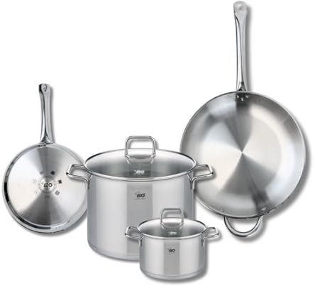 ELO 9505950 Batterie de cuisine 4 pièces, Ensemble de 2 Poêles de cuisson 24 et 32 cm et 2 faitouts 16 et 26 cm Elo Profi Citrin, inox, induction